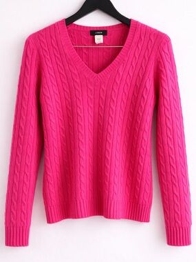 J.Crew Pink Cable Knit Sweater Small Merino Wool Angora Cashmere V Neck